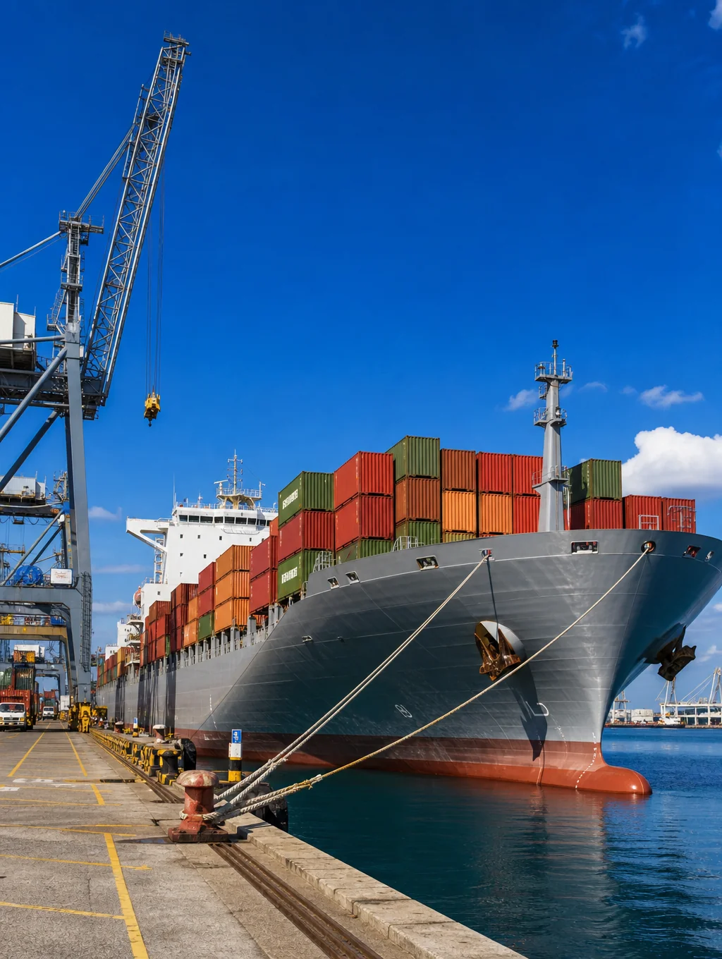 Cargo ship docked at a busy international port