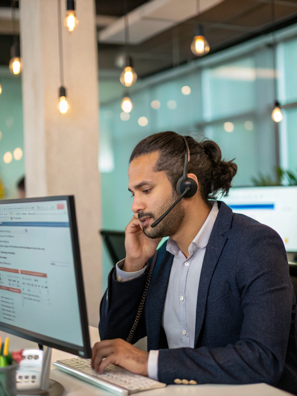 Customer service representative checking shipment status on a computer